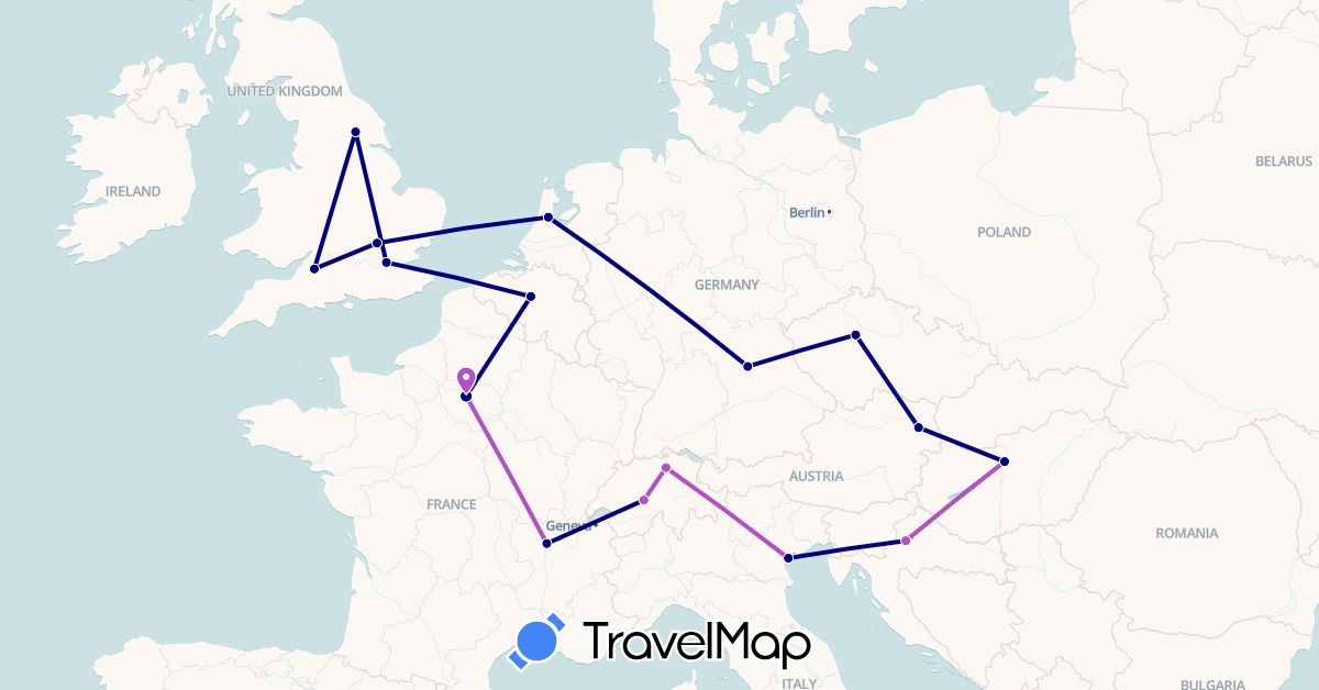 TravelMap itinerary: driving, train in Austria, Belgium, Switzerland, Czech Republic, Germany, France, United Kingdom, Hungary, Italy, Netherlands (Europe)